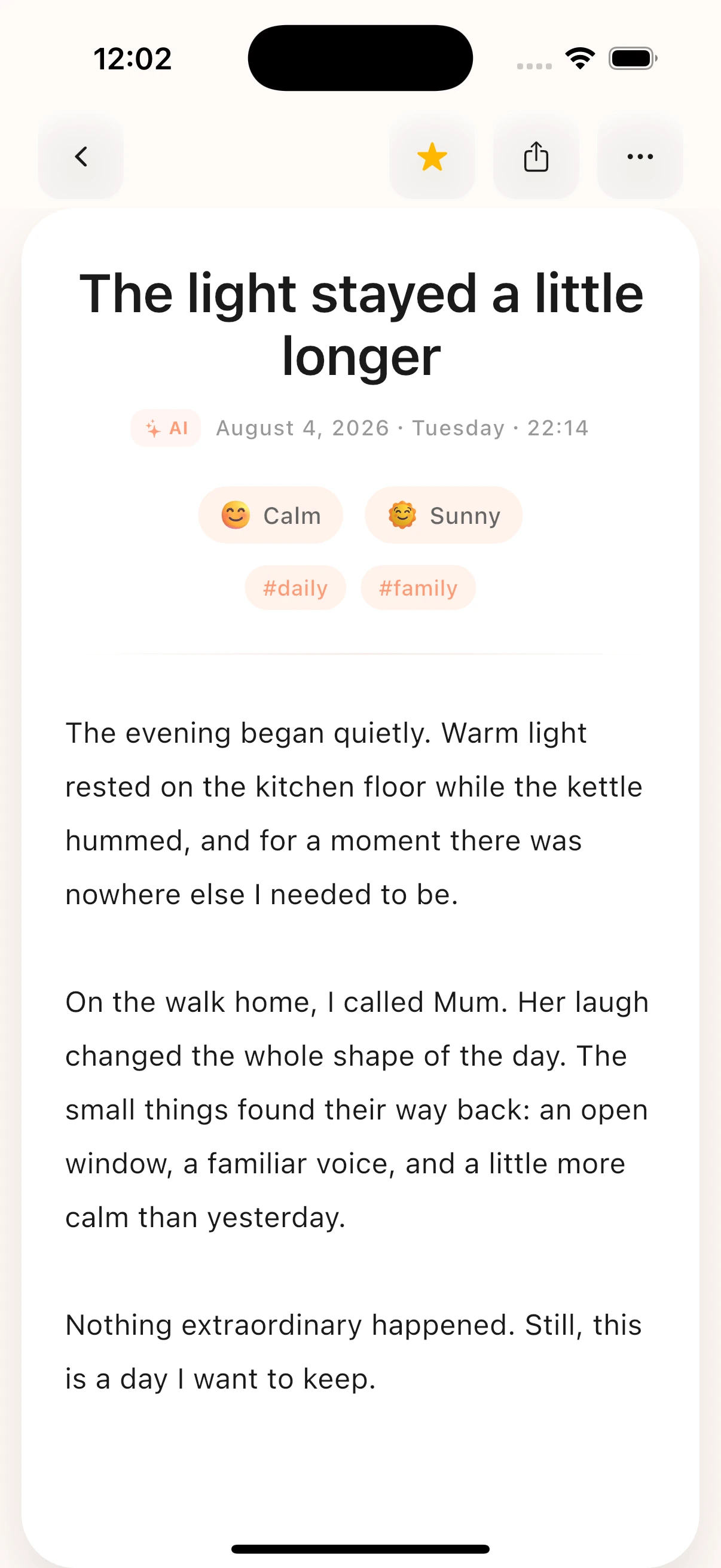 A complete NianNian AI diary entry made from the day's small notes